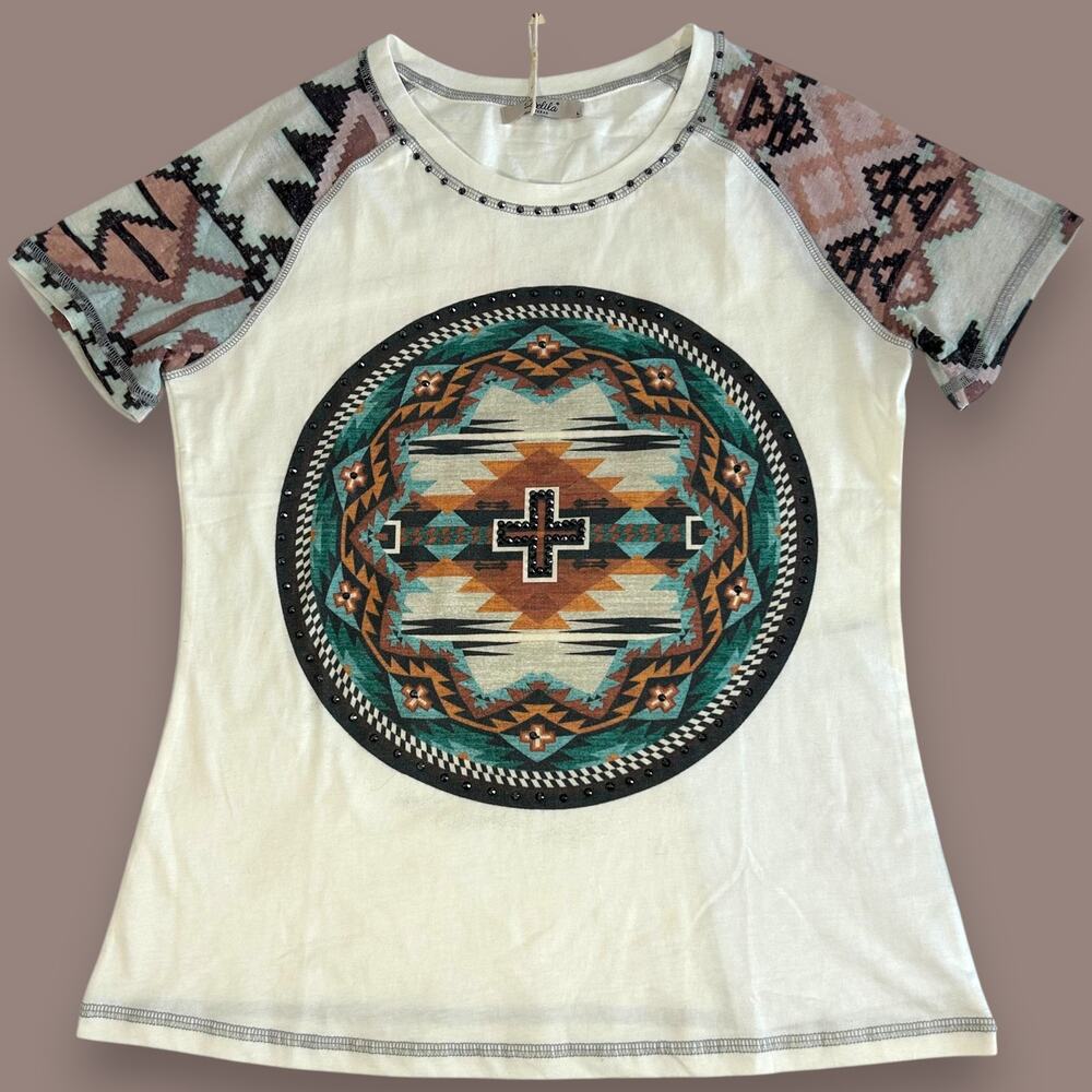 Delila Womens L Shirt Geometric Beaded Southwestern Cowgirl NWT